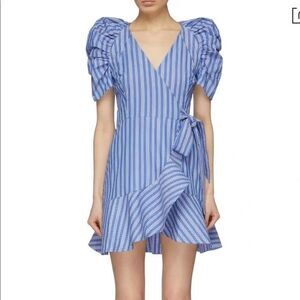 C/Meo Collective Puff Sleeve Mini Ruffle Wrap Striped Blue Dress Size US 8
